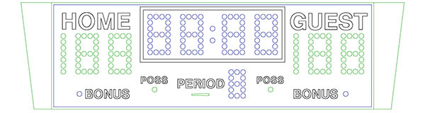 9'0.37" x 3'0.25" Basketball Scoreboard w/Bonus&Poss Indicators Angled T/B